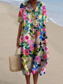 Women's Floral Midi Dress – V Neck Short Sleeve Loose Fit Summer Beach Dress