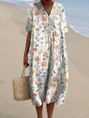 Women's Floral Midi Dress – V Neck Short Sleeve Loose Fit Summer Beach Dress
