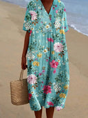 Women's Floral Midi Dress – V Neck Short Sleeve Loose Fit Summer Beach Dress