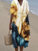 Women's Floral Midi Dress – V Neck Short Sleeve Loose Fit Summer Beach Dress