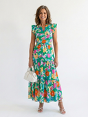 Women's Floral Midi – V Neck Flutter Sleeve Tiered Garden Party Summer Dress