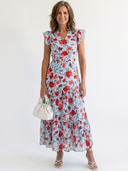 Women's Floral Midi – V Neck Flutter Sleeve Tiered Garden Party Summer Dress