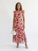 Women's Floral Midi – V Neck Flutter Sleeve Tiered Garden Party Summer Dress