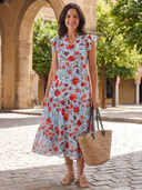 Women's Floral Midi – V Neck Flutter Sleeve Tiered Garden Party Summer Dress