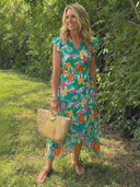 Women's Floral Midi – V Neck Flutter Sleeve Tiered Garden Party Summer Dress