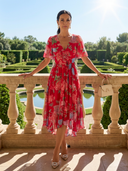 Women's Floral Midi – V Neck Wrap Flutter Sleeve Pleated Wedding Guest Dress