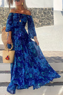 Women's Floral Off Shoulder Maxi Dress – Long Puff Sleeve Smocked Bodice Wedding Guest