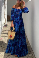 Women's Floral Off Shoulder Maxi Dress – Long Puff Sleeve Smocked Bodice Wedding Guest