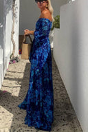 Women's Floral Off Shoulder Maxi Dress – Long Puff Sleeve Smocked Bodice Wedding Guest