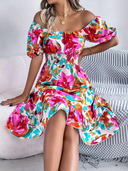 Women's Floral Off Shoulder Mini – Puff Sleeve Smocked Waist Summer Vacation Dress