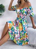 Women's Floral Off Shoulder Mini – Puff Sleeve Smocked Waist Summer Vacation Dress