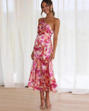 Women's Floral One Shoulder Midi Dress – Ruched Asymmetric Wedding Guest Summer