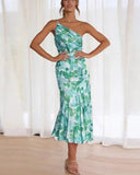 Women's Floral One Shoulder Midi Dress – Ruched Asymmetric Wedding Guest Summer