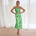 Women's Floral One Shoulder Midi Dress – Ruched Asymmetric Wedding Guest Summer