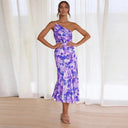 Women's Floral One Shoulder Midi Dress – Ruched Asymmetric Wedding Guest Summer