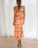Women's Floral One Shoulder Midi Dress – Ruched Asymmetric Wedding Guest Summer