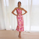Women's Floral One Shoulder Midi Dress – Ruched Asymmetric Wedding Guest Summer
