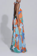 Women's Floral Pleated Halter Maxi Dress – Keyhole Neck Wedding Guest Formal