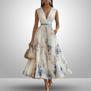 Women's Floral Pleated Maxi Dress – Deep V Neck Sleeveless Belted Wedding Guest Summer