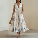 Women's Floral Pleated Maxi Dress – Deep V Neck Sleeveless Belted Wedding Guest Summer