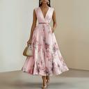 Women's Floral Pleated Maxi Dress – Deep V Neck Sleeveless Belted Wedding Guest Summer