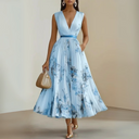 Women's Floral Pleated Maxi Dress – Deep V Neck Sleeveless Belted Wedding Guest Summer