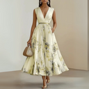 Women's Floral Pleated Maxi Dress – Deep V Neck Sleeveless Belted Wedding Guest Summer