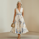 Women's Floral Pleated Maxi Dress – Deep V Neck Sleeveless Belted Wedding Guest Summer