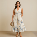 Women's Floral Pleated Maxi Dress – Deep V Neck Sleeveless Belted Wedding Guest Summer