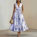 Women's Floral Pleated Maxi Dress – Deep V Neck Sleeveless Belted Wedding Guest Summer
