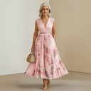 Women's Floral Pleated Maxi Dress – Deep V Neck Sleeveless Belted Wedding Guest Summer