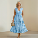 Women's Floral Pleated Maxi Dress – Deep V Neck Sleeveless Belted Wedding Guest Summer