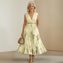 Women's Floral Pleated Maxi Dress – Deep V Neck Sleeveless Belted Wedding Guest Summer