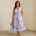 Women's Floral Pleated Maxi Dress – Deep V Neck Sleeveless Belted Wedding Guest Summer