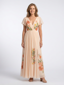 Women's Floral Pleated Maxi – V Neck Flutter Sleeve Wedding Guest Dress