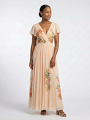 Women's Floral Pleated Maxi – V Neck Flutter Sleeve Wedding Guest Dress