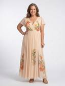 Women's Floral Pleated Maxi – V Neck Flutter Sleeve Wedding Guest Dress