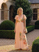 Women's Floral Pleated Maxi – V Neck Flutter Sleeve Wedding Guest Dress
