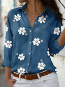 Women's Floral Print Blouse – Collared V Neck Long Sleeve Button Front Casual Top