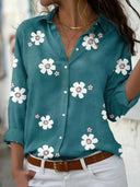 Women's Floral Print Blouse – Collared V Neck Long Sleeve Button Front Casual Top