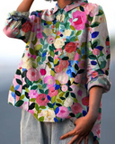 Women's Floral Print Button-Up Blouse – Long Sleeve Spread Collar Casual Top