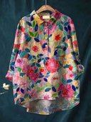 Women's Floral Print Button-Up Blouse – Long Sleeve Spread Collar Casual Top