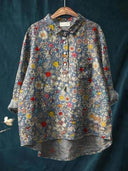 Women's Floral Print Button-Up Blouse – Long Sleeve Spread Collar Casual Top