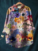 Women's Floral Print Button-Up Blouse – Long Sleeve Spread Collar Casual Top