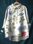 Women's Floral Print Button-Up Blouse – Long Sleeve Spread Collar Casual Top