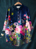Women's Floral Print Button-Up Blouse – Long Sleeve Spread Collar Casual Top