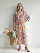 Women's Floral Print Maxi – Deep V Neck 3/4 Sleeve Placement Panel A-Line Casual Dress