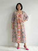 Women's Floral Print Maxi – Deep V Neck 3/4 Sleeve Placement Panel A-Line Casual Dress