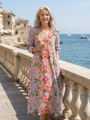 Women's Floral Print Maxi – Deep V Neck 3/4 Sleeve Placement Panel A-Line Casual Dress