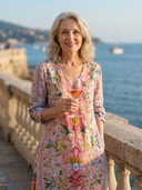 Women's Floral Print Maxi – Deep V Neck 3/4 Sleeve Placement Panel A-Line Casual Dress